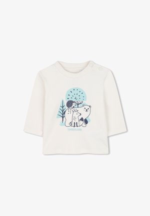 Crème-kleurig overhemd met lange mouwen met een afbeelding van een beer, vos en egel voor blauwe bomen. Voorzien van schouderknoppen voor eenvoudig aankleden.