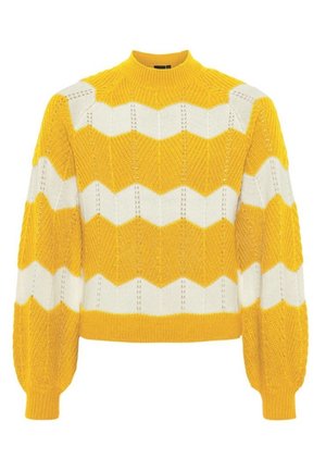 Jersey de punto amarillo y blanco con patrón de zigzag, mangas largas abullonadas y cuello redondo y bajo acanalados.