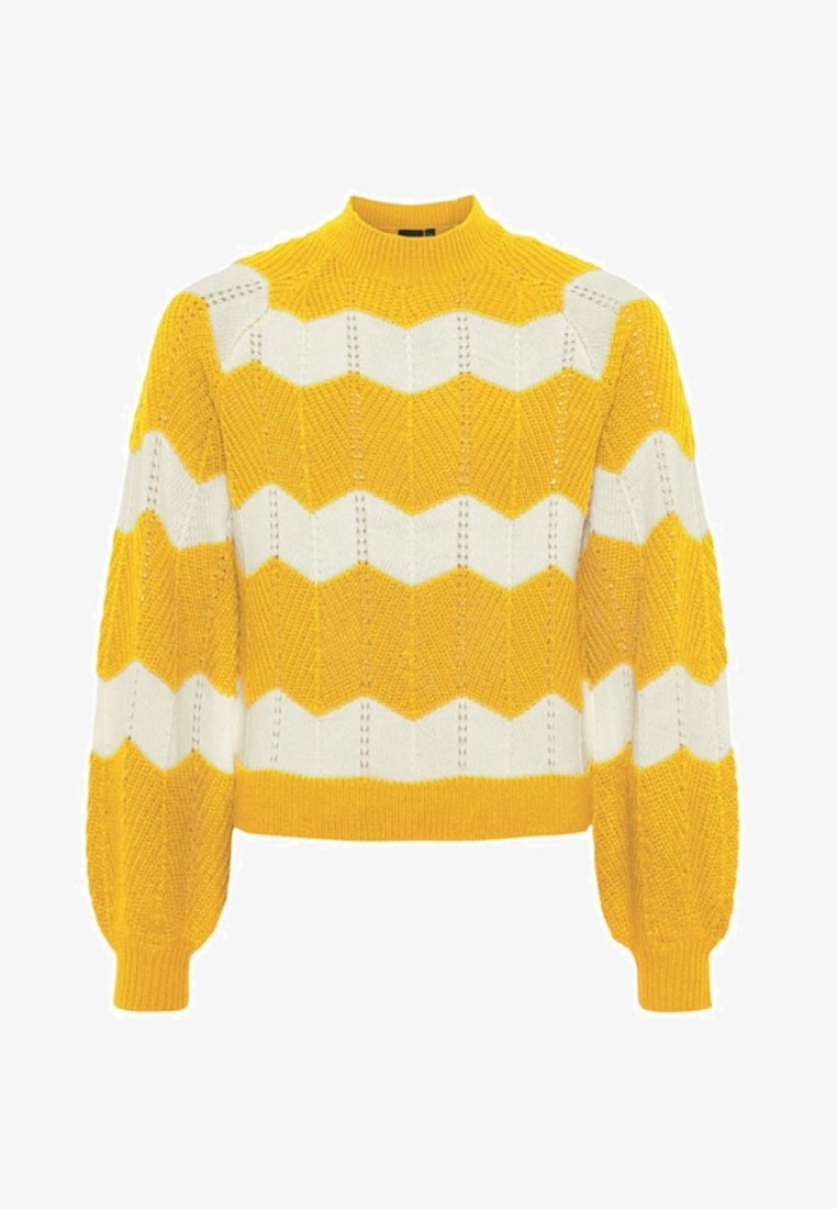 Pull en maille jaune et blanc avec motif en zigzag, manches longues bouffantes et col rond ainsi qu'ourlet côtelés.