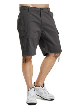 Gray cargo shorts with multiple pockets, lightweight material, drawstring hem, and fitted waistband. Paired with white sneakers.