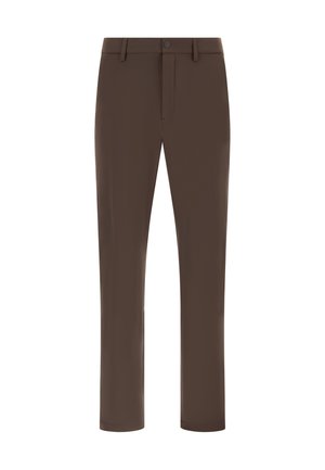 Pantaloni marroni dritti con passanti per cintura, chiusura con bottone e una cerniera invisibile.