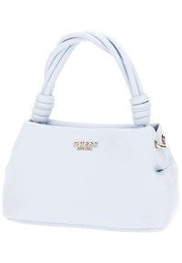 Borsa a mano di colore blu chiaro realizzata in materiale liscio, con una forma arrotondata, manici doppi attorcigliati e un accento in logo dorato sul davanti.