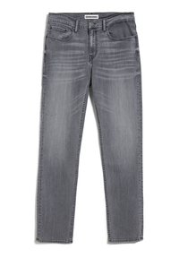 Gray denim jeans with a straight leg cut, five pockets, and subtle fading. Features a button fly and a logoed waistband tag.