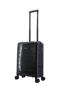 Schwarzer Hartschalenkoffer mit geripptem Design, ausziehbarem Griff und vier Rollen für Mobilität. Verfügt über ein kleines Schloss und ein Markenlogo.