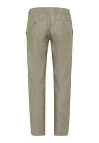 Light gray linen pants featuring a relaxed fit, elastic waistband, and two back pockets with button closures. Textured fabric adds depth.