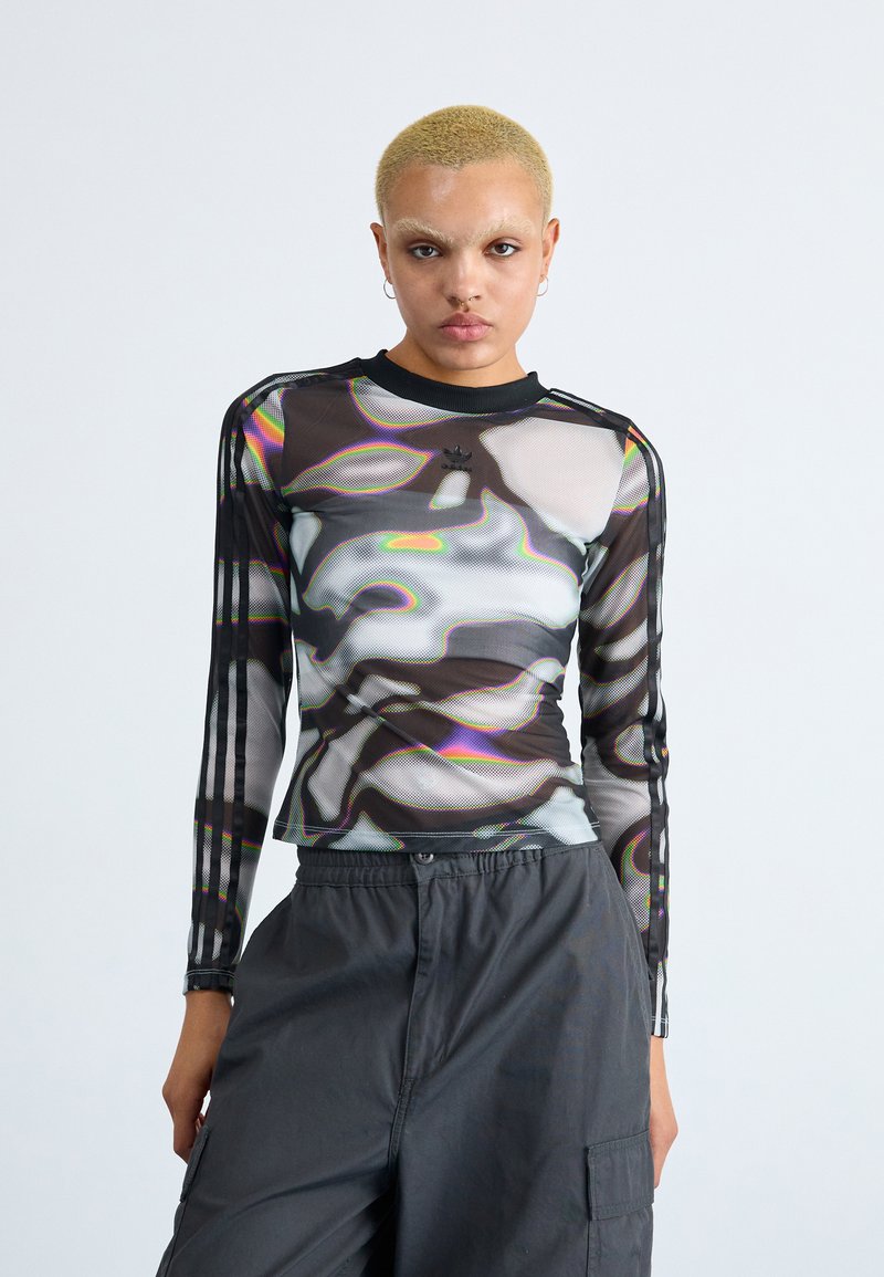 Long-sleeve mesh top in black with multicolored abstract patterns and three black stripes on each arm. Features a round neckline.