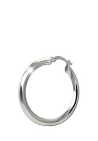 Boucle d'oreille en argent avec une surface lisse et réfléchissante, et un fini poli. Comporte un fermoir sécurisé pour la fermeture.