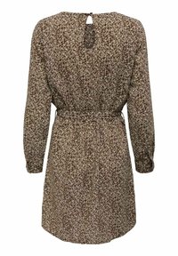 Robe longue à manches longues marron à fleurs, avec taille cintrée et petite ouverture en forme de goutte fermée par un bouton au niveau de l'encolure arrière.