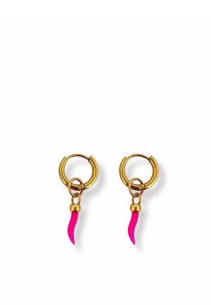 Small gold hoop earrings with bright pink horn-shaped pendants hanging from each hoop on a white background.