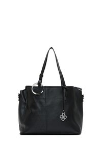 Zwarte leren tote bag met een gestructureerde oppervlakte, diagonaal stiksels patroon, zilverkleurige accenten en dubbele handvaten.