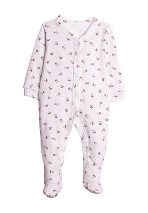 Śpioszek dziecięcy z długimi rękawami i stopami, biały z małym różowym i beżowym kwiatowym wzorem oraz zatrzaskami na środku z przodu.