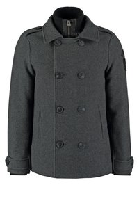 Szary wełniany płaszcz typu peacoat z dwurzędowym zapięciem na guziki, pagonami na ramionach, bocznymi kieszeniami oraz prążkowanym kołnierzem i mankietami.