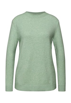 Hellgrüner Pullover mit langen Ärmeln, rundem Halsausschnitt, gerippten Bündchen und Saum, aus weicher, texturierter Strickware. Einfaches, einfarbiges Design.