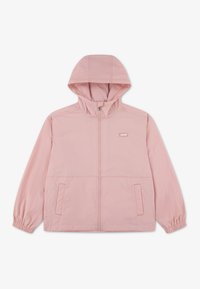 Ανοιχτόροζ μπουφάν με κουκούλα, κατασκευασμένο από λείο ύφασμα, με φερμουάρ μπροστά, ελαστικές μανσέτες και δύο πλαϊνές τσέπες. Μικρή ετικέτα μάρκας στο στήθος.