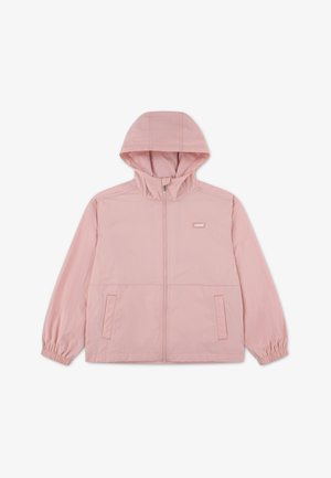 Jachetă roz deschis cu glugă, realizată din material neted, având fermoar frontal, manșete elastice și două buzunare laterale. Mică etichetă de brand pe piept.