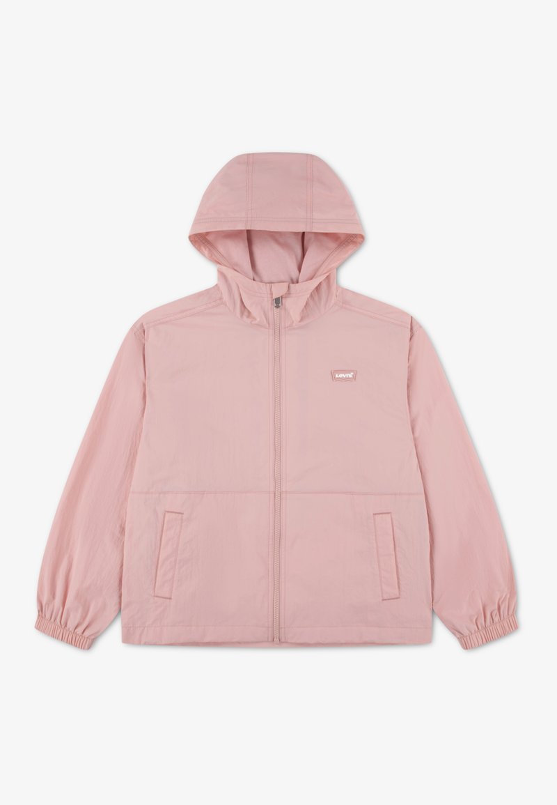 Ανοιχτόροζ μπουφάν με κουκούλα, κατασκευασμένο από λείο ύφασμα, με φερμουάρ μπροστά, ελαστικές μανσέτες και δύο πλαϊνές τσέπες. Μικρή ετικέτα μάρκας στο στήθος.