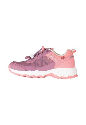 Pink and purple children's sneaker with white sole, adjustable laces, Norwegian flag detail, and textured grip designed for outdoor activities.