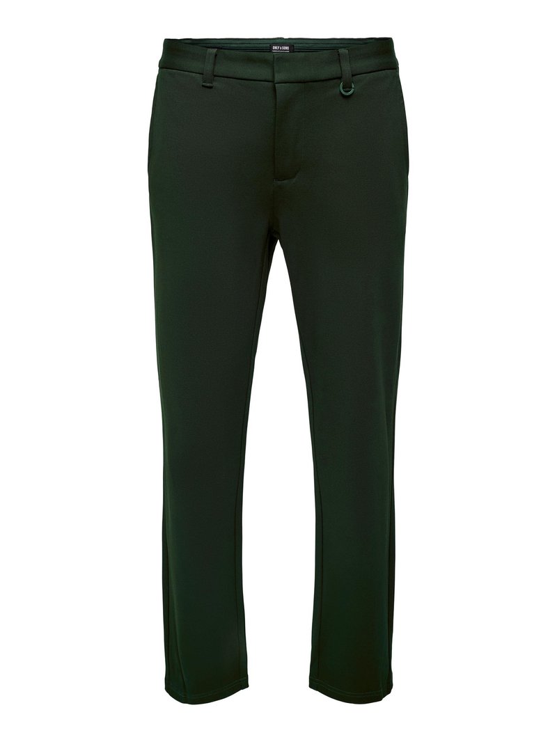 Dunkelgrüne, maßgeschneiderte Hosen mit einer glatten Textur, schmaler Taille, Gürtelschlaufen und geraden Beinen. Mit einem Reißverschluss und einem Knopfverschluss.