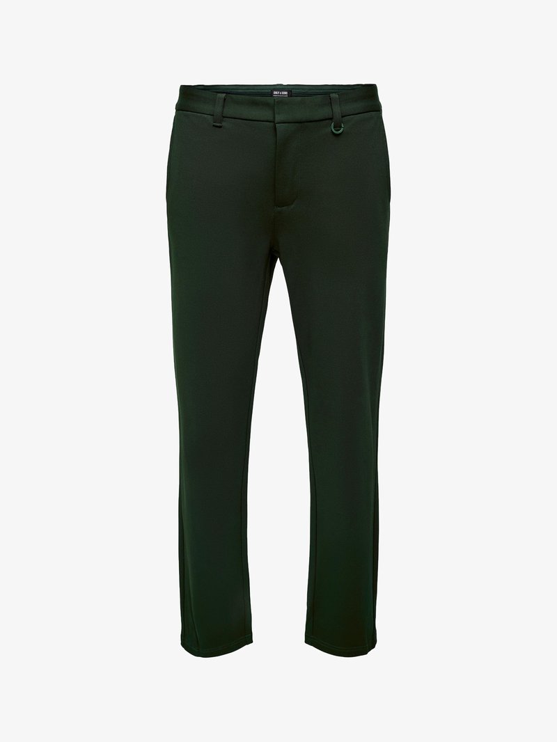Dunkelgrüne, maßgeschneiderte Hosen mit einer glatten Textur, schmaler Taille, Gürtelschlaufen und geraden Beinen. Mit einem Reißverschluss und einem Knopfverschluss.