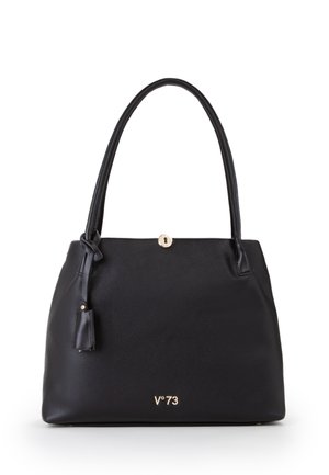 Borsa in pelle nera con due manici, chiusura con bottone dorato al centro in alto, piccola borsa attaccata e logo "V°73" in oro sul davanti.