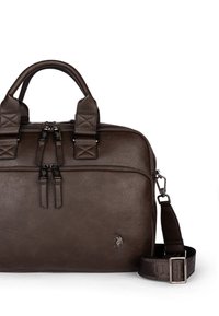 Attache in pelle marrone con chiusura a doppia zip, manici superiori, tracolla rimovibile e dettaglio logo impresso. Finitura testurizzata, forma rettangolare.