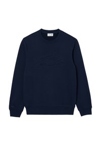Felpa blu navy realizzata in un tessuto morbido con colletto rotondo. Presenta un design del logo testurizzato sulla parte anteriore e polsini e orlo a costine.