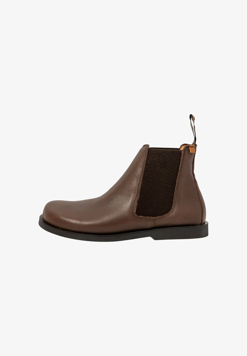 Braune Leder Chelsea Boots mit elastischen Seiteneinsätzen, glatter Oberfläche, abgerundeter Zehenpartie und flacher Gummisohle; verfügen über eine Schlaufe an der Rückseite.