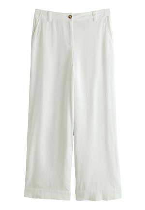 White wide-leg cropped trousers with front pockets, belt loops, and a single brown button at the waist.