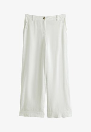 White wide-leg cropped trousers with front pockets, belt loops, and a single brown button at the waist.