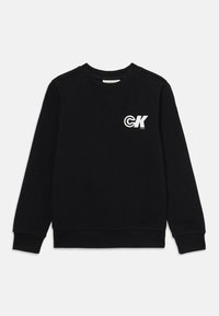 Black sweatshirt made of cotton fabric. Features long sleeves, a crew neckline, and a white logo on the chest. Smooth texture.