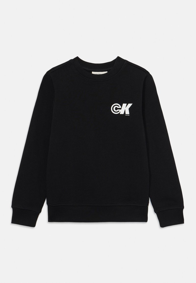 Black sweatshirt made of cotton fabric. Features long sleeves, a crew neckline, and a white logo on the chest. Smooth texture.