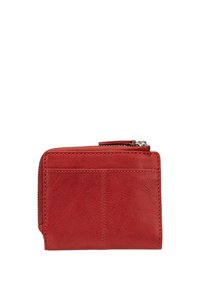 Portefeuille en cuir rouge avec une surface texturée, fermeture éclair et trois emplacements pour cartes à l'avant. Design rectangulaire compact.
