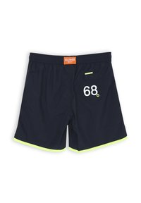 Pantaloni da bagno blu navy con accenti verde neon, vita elastica e una tasca posteriore con il numero 68 in bianco.