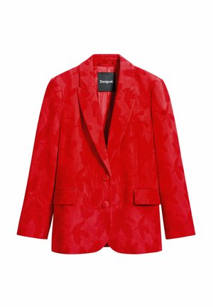 Czerwony żakiet z wzorzystej tkaniny o subtelnym wzorze liści, z klapami, dwoma guzikami oraz dwiema przednimi kieszeniami.