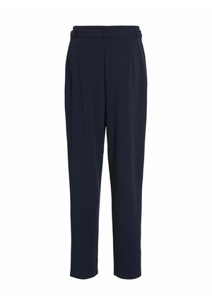 Navy blue trousers made of smooth fabric, featuring a pleated front, tapered legs, and a waistband with belt loops.