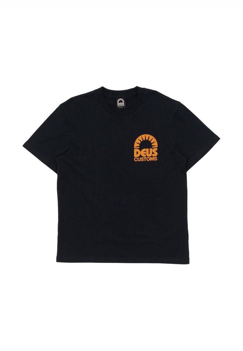 Black cotton t-shirt featuring an orange "DEUS CUSTOMS" logo with a sun graphic on the left chest. Short sleeves and crew neckline.