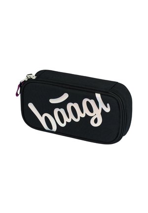 Black pencil case made of fabric, featuring a white cursive logo. The case has a zipper closure and a purple pull tab. Rectangular shape.