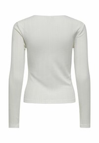 White long-sleeve top featuring a ribbed texture with vertical stripes and a round neckline, designed for a fitted silhouette.