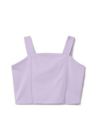 Top corto de color lila con tirantes gruesos, que presenta un diseño estructurado y una textura de algodón suave. Estilo simple y sin adornos.