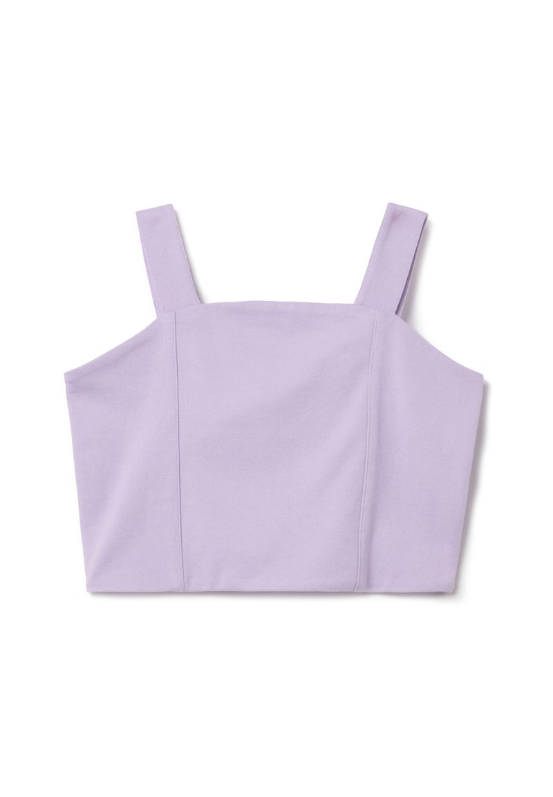 Top corto de color lila con tirantes gruesos, que presenta un diseño estructurado y una textura de algodón suave. Estilo simple y sin adornos.