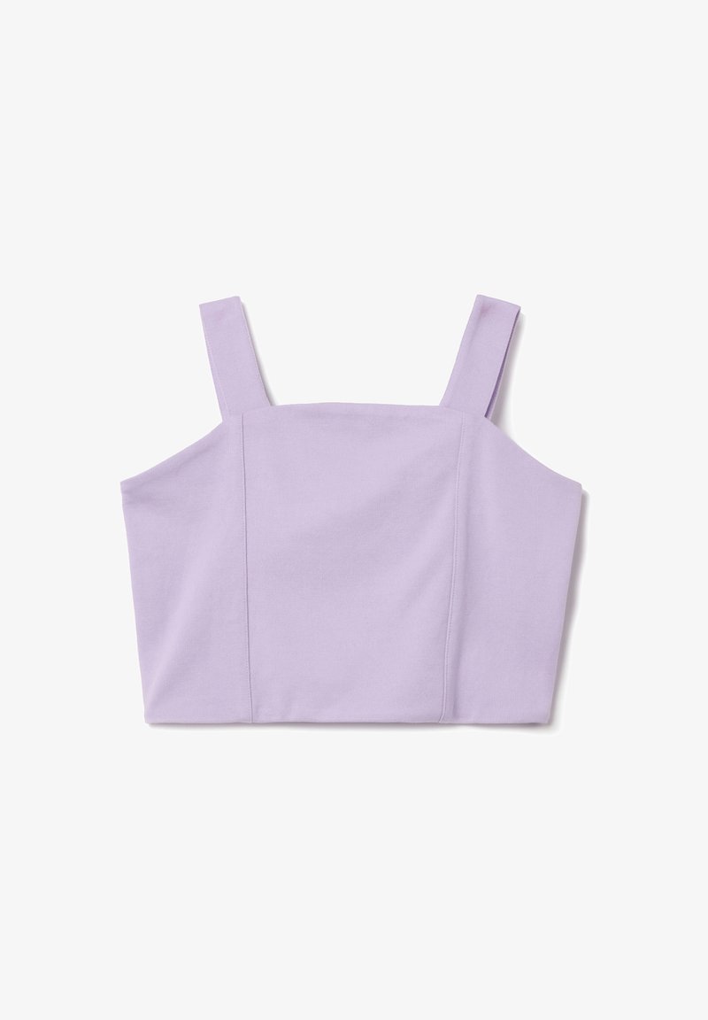 Top corto lilla con spalline spesse, caratterizzato da un design strutturato e una texture in cotone liscia. Stile semplice e senza decorazioni.