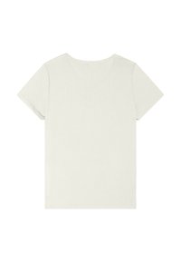 T-shirt a maniche corte, di colore beige chiaro, con scollo rotondo, texture del tessuto morbida e design della parte posteriore semplice. Nessun motivo o accento visibile.