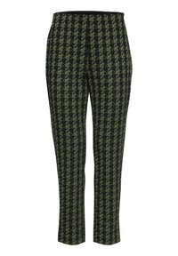 Pantalons à motif pied-de-poule noir et vert, avec une coupe slim et une taille élastique, présentant une texture lisse et un design à jambes droites.