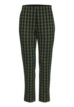 Čierne a zelené nohavice s vzorom houndstooth, s úzkym strihom a elastickým pásom, s hladkou textúrou a rovnými nohavicami.