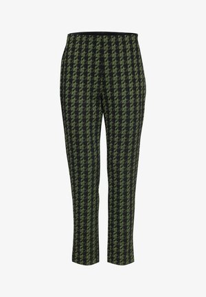 Pantalons à motif pied-de-poule noir et vert, avec une coupe slim et une taille élastique, présentant une texture lisse et un design à jambes droites.