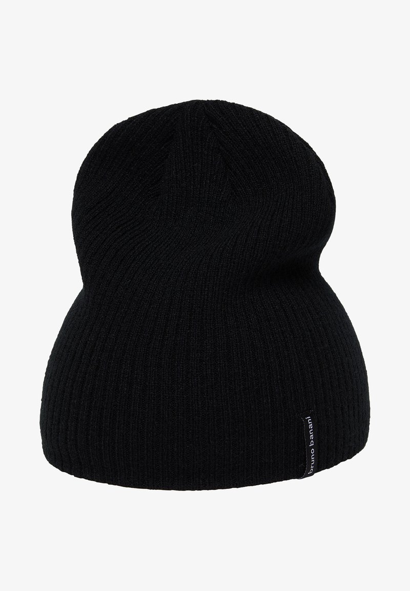 Zwarte geribde beanie muts gemaakt van brei-materiaal, met een taps toelopende vorm en een klein merklabel aan de zijkant.