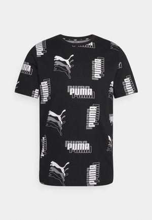 Black short-sleeve T-shirt with white and gray Puma logos and text pattern all over the fabric.