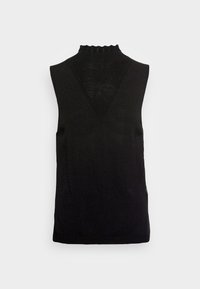 Černý bezramínkový top s vysokým, scalloped výstřihem, zdobený pleteným vzorem ve tvaru V a lehce přiléhavým střihem. Měkká textura.