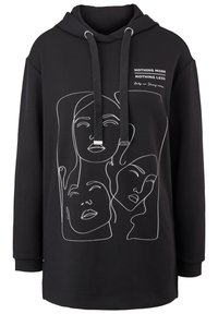 Sweat à capuche noir avec un dessin en ligne continue blanche représentant trois visages féminins et le texte "RIEN DE PLUS RIEN DE MOINS Juste nous. Femme forte."