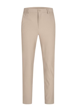 Pantalones rayados beige fabricados con tejido ligero, con corte recto, dos bolsillos frontales y cierre de botón.